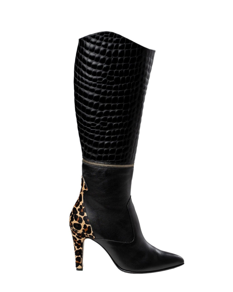 botas altas mujer leopardo grabado negro